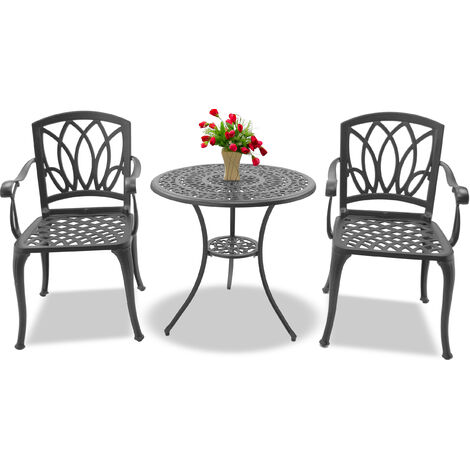 Homeology POSITANO Luxurious Garden & Patio Table & 2 Large Chairs with Armrests Cast Aluminium Bistro Set - Grey (1/5)