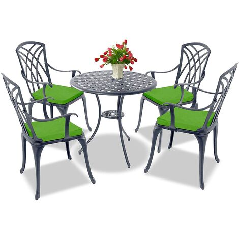 Homeology OSHOWA Luxurious Garden & Patio Table & 4 Large Chairs with Armrests Cast Aluminium Bistro Set - Grey with Green Cushions (1/5)