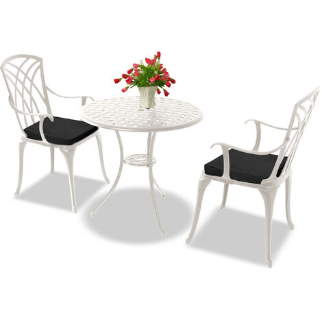 Homeology OSHOWA White Aluminium Weatherproof Outdoor Table and 2 Comfortable Chairs with Armrests Bistro Set with Black Cushions (1/5)