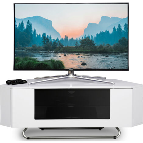 Homeology Hampshire Corner-Friendly Gloss White with Black Glass Beam-Thru Remote Friendly Door 26"-50" Flat Screen TV Cabinet (1/4)
