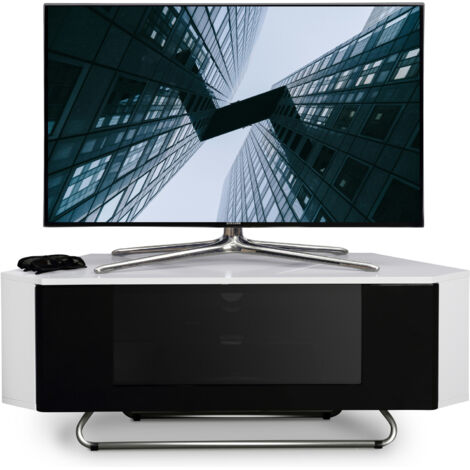 Homeology Hampshire Corner-Friendly Gloss White with Black Contrast Beam-Thru Remote Friendly Door 26"-50" Flat Screen TV Cabinet