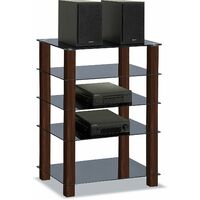 Centurion Supports TRINITY Gloss Black 5 Shelf with Walnut Legs Flat Screen TV Rack Glass Stand