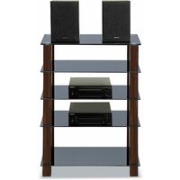 Homeology TRINITY Gloss Black 5 Shelf with Walnut Legs Flat Screen TV Rack Glass Stand