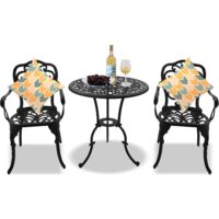 Homeology BANGUI Garden & Patio Table & 2 Large Chairs with Armrests Cast Aluminium Bistro Set - Black