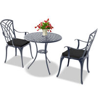 Homeology OSHOWA Grey Aluminium Weatherproof Outdoor Table and 2 Chairs Bistro Set with Black Cushions