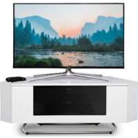 Homeology Hampshire Corner-Friendly Gloss White with Black Glass Beam-Thru Remote Friendly Door 26"-50" Flat Screen TV Cabinet