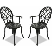 Homeology Prego 2-Large Garden & Patio Bistro Chairs with Armrests in Cast Aluminium Black