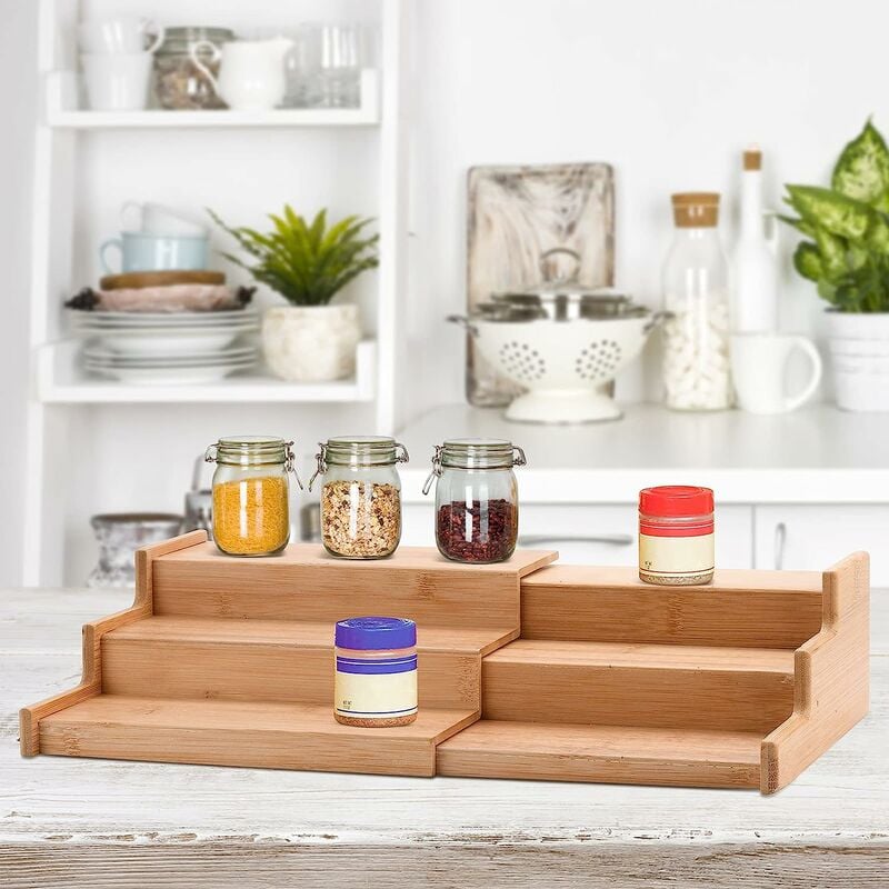 3 Tier Bamboo Spice Rack Freestanding Expandable Seasoning Jars Shelf