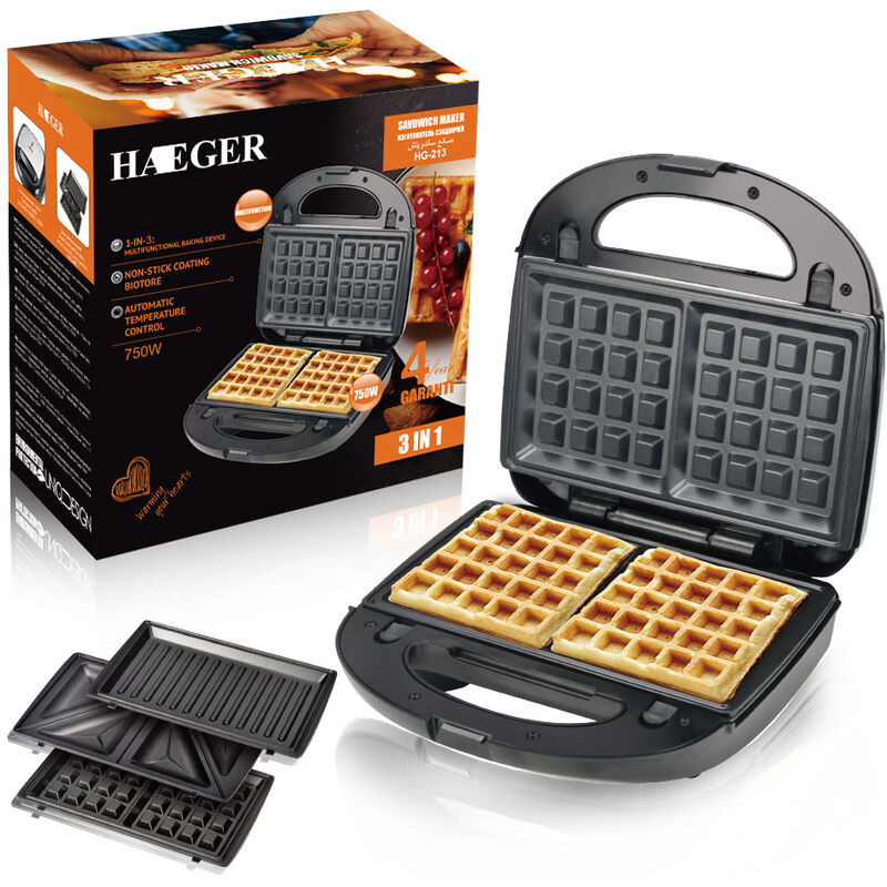 3-in-1 Croque Monsieur Machine, Grill, Waffle Maker and Sandwich Maker,  High Power 750W, 3 Non-Stick and Interchangeable Plates, Black 