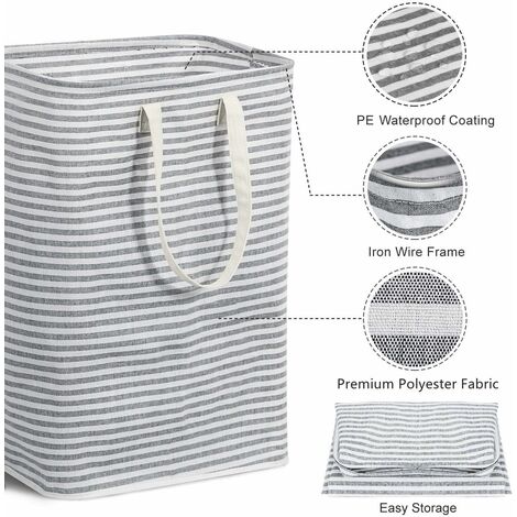 EZY Storage White & Gray Stripe Collapsible Laundry Basket