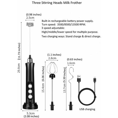 1pc Rechargeable Milk Frother With Stand, Includes 3 Whisk Heads