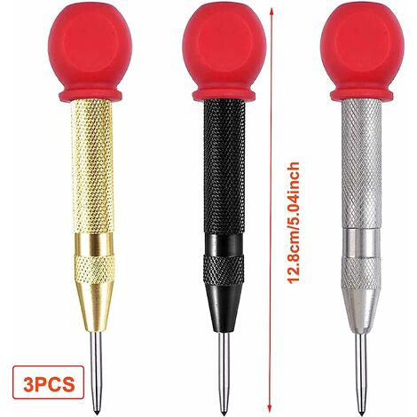 3PCS Automatic Center Punch Tools with 4PCS Replacement Tips, 5 inch Long,  Brass Spring Loaded Crushing Hand Tool with Cushion Cap and Adjustable