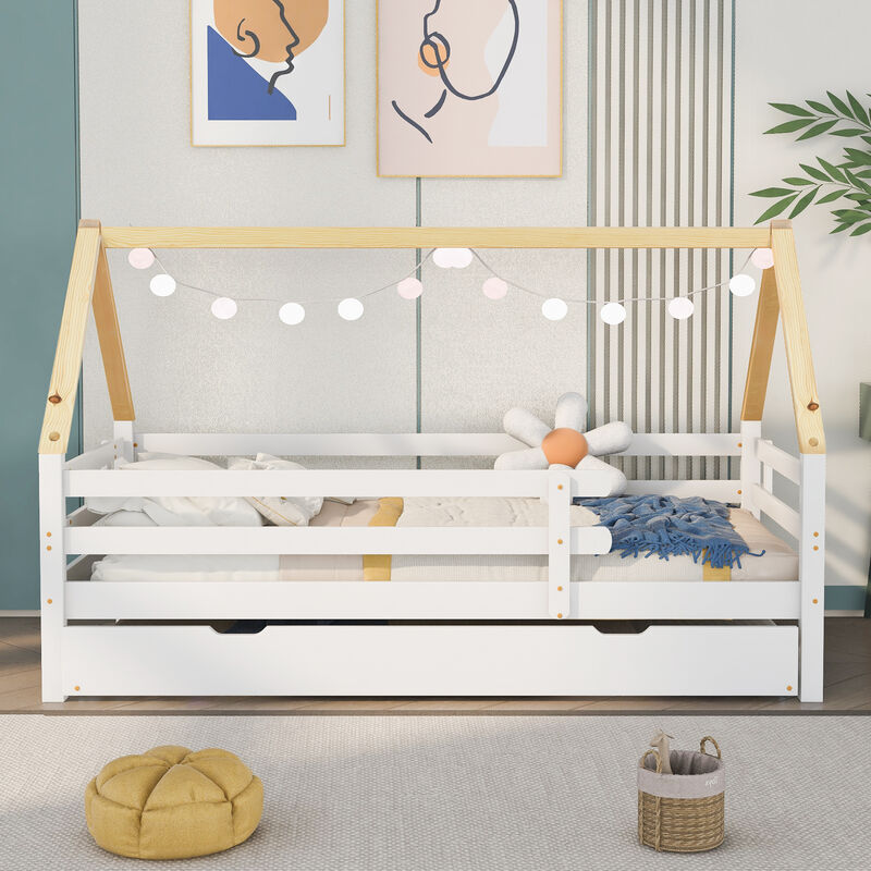 Merax Cama de casa con cajones y estantes, cama infantil de 90 x 200 cm y
