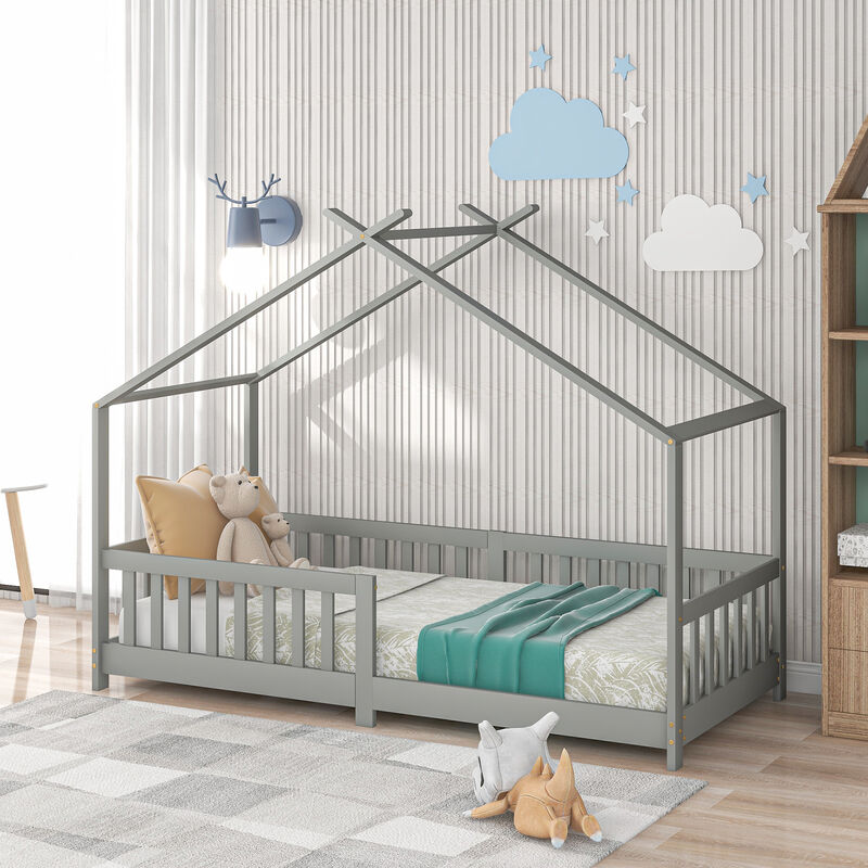 Cama para Niños de Madera Maciza con Somier de Láminas y Barandilla, Protección Anticaída 90x200 cm Gris