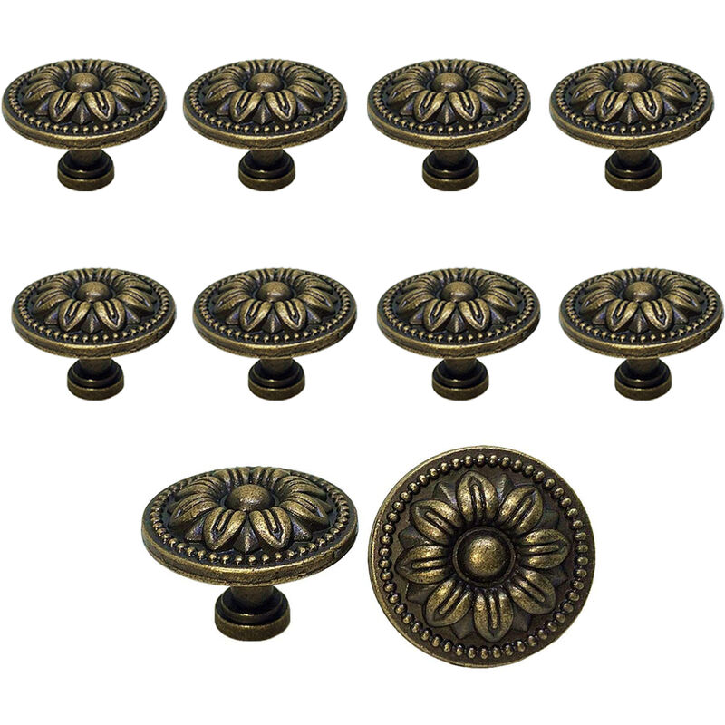 10 Piezasde Pomos de Armario Vintage de 35 mm con Diseño Floral, Tirador para Cajón de Cocina de Latónpara Puertas Armarios de Cocina