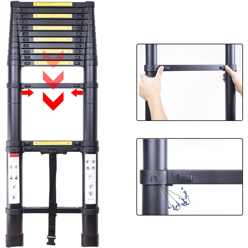 Escalera Telescópica 2.6m Escalera de Techo de Aluminio EN131 con 8  Peldaños Capacidad de Carga