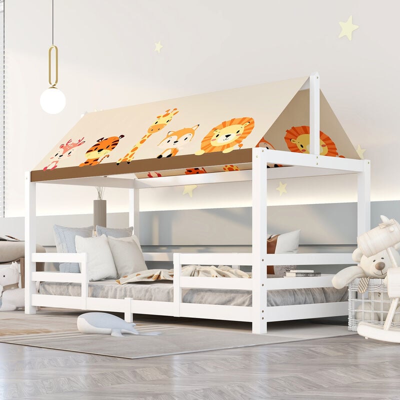 Cama Infantil 90x200 cm Blanco Cama para Niños con Protección Anticaída y Tienda de Tela, Pino