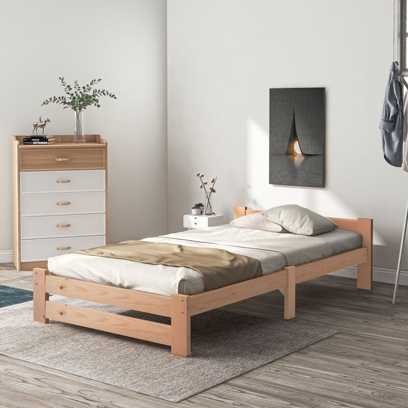 Cama de Madera Maciza con Cabecero y Somier de Lamas para Niños Adultos, Natural 90x200cm