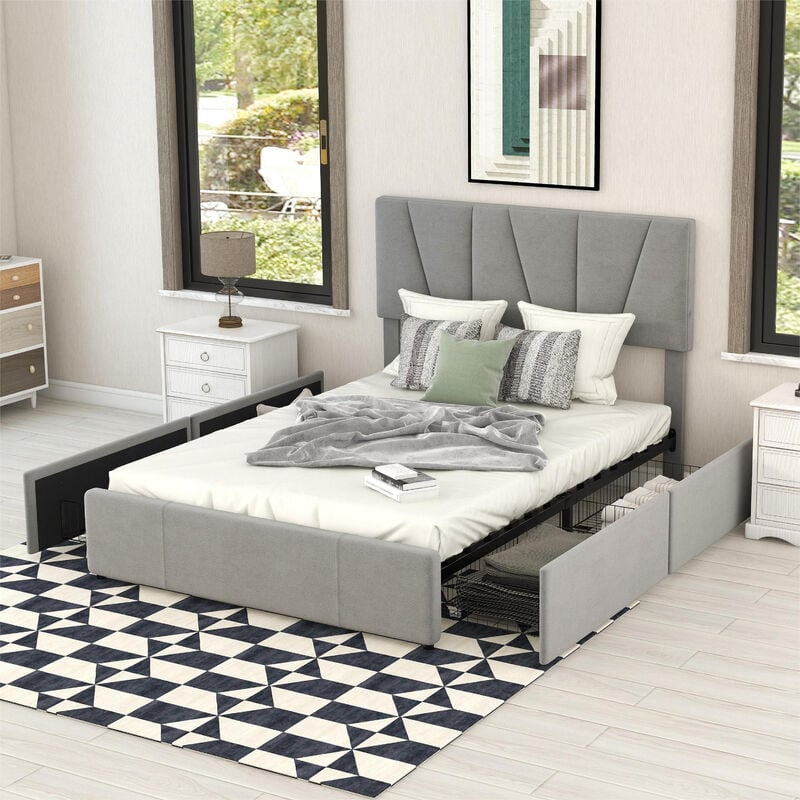 Cama Tapizada 140x200 cm con 4 Cajones, Cabecero Ajustable - Beige