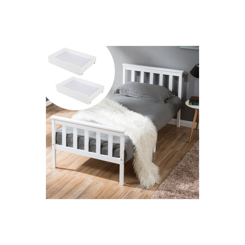 Cama individual Madera con 2 Cajones 140 x 200 cm Cama para Adultos, Niños, Adolescentes, Blanco