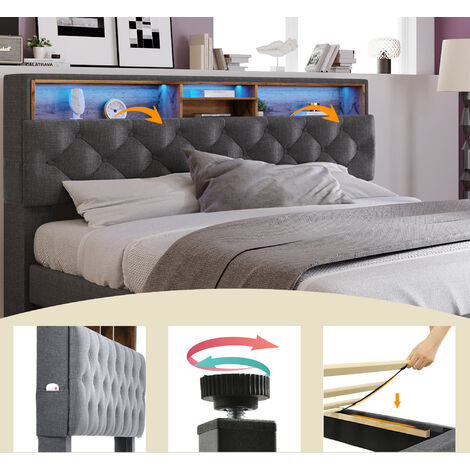 Cama Tapizada 160x200 Con Almacenamiento Y Luz LED | Cabecero Ajustable, 4 Cajones, Base De Láminas, Color Negro, Para Adultos