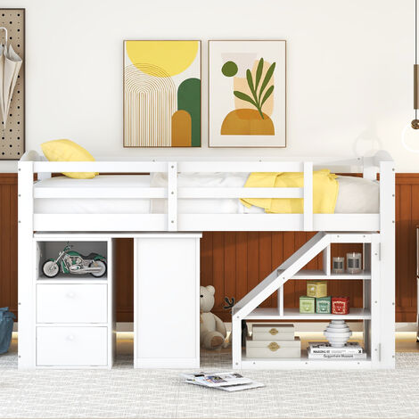 Cama infantil Cervino, Cama individual para dormitorio, Juego con  escritorio y estantes, 195x134h73 cm, Blanco y Roble