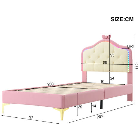 Cama Infantil Crown Con Tobogán Y Escalera – Diseño De Corona Rosa Y Beige, Tira LED Multicolor, Medidas 90x200 Cm, Con Listones De Madera