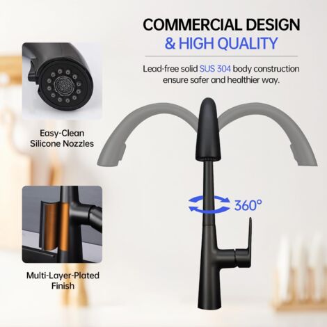 Grifo Cocina Extraible, Grifos Cocina Negro Fregadero Cepillado Giratorio 360°, Grifo de Fregadero Monomando con Ducha Extensible