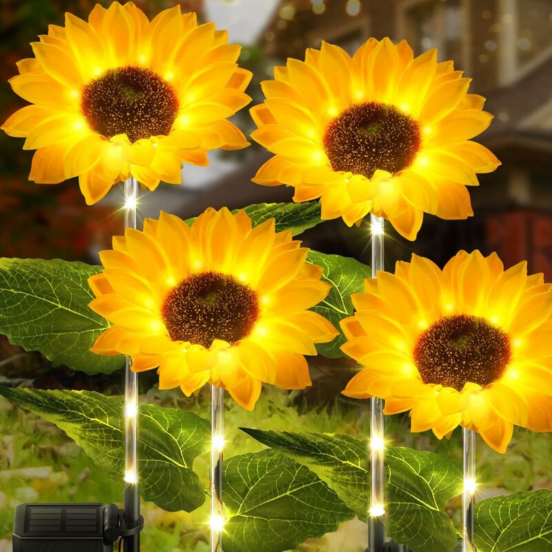 Ein Paket von 4-Solar Sonnenblumen Gartenleuchten mit Leuchtstäben