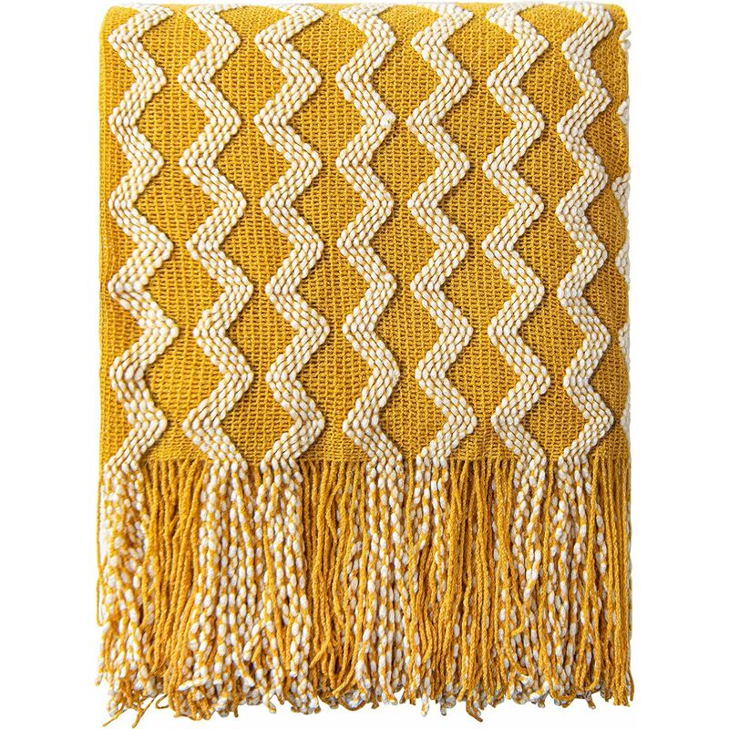 Gestrickte Wurfdecke, leichte und weiche gemütliche dekorative gewebte Decke  mit Quasten (gelb)