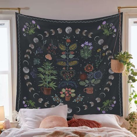 Pflanzliche ästhetische Wandteppiche, botanische Mondphase Wandteppiche Hängende Natur Wandteppiche Blumenteppiche für Schlafzimmer Wohnzimmer, 150cm x 200cm