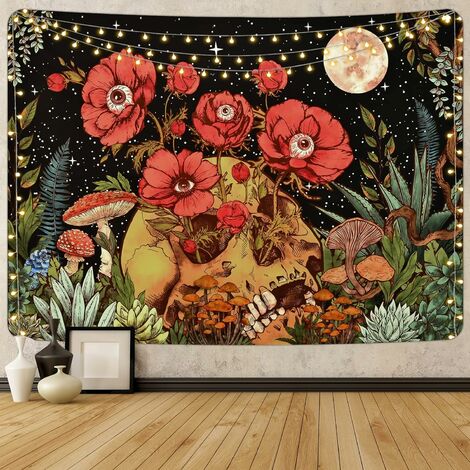 Wandteppich Schädel Garten Wand Wandteppich Hippie Mond Wand Hängende Wandteppich Blume Pilz Dekor Wandteppich für Schlafzimmer Schlafsaal Raum