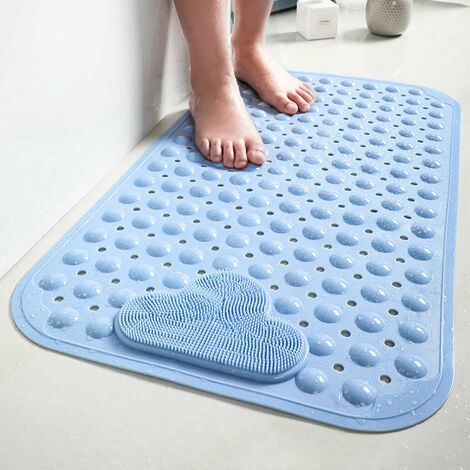 Große rutschfeste Duschmatte mit Fußschrubberbürste, Saugnäpfen,  Fußmassagegerät (Blau, 50 x 80 cm)