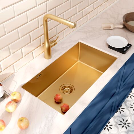 Ceramia Timeless Lavello da cucina sottotop in acciaio inox 304, 1 vasca, 68x45x21 cm, oro spazzolato PVD (TMLKSU-6845BG)