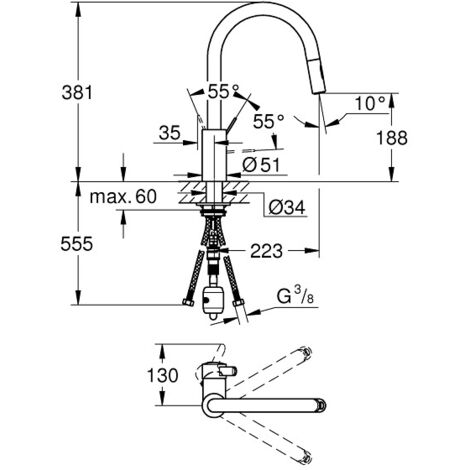 Grohe Eurosmart Cosmopolitan, miscelatore cucina monocomando con doccetta estraibile a 2 getti, collo d’oca, cromato (31481001)
