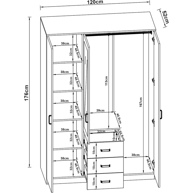 Armario Ropero Bodolz (3 puertas, 1 barra, 5 compartimentos, 1 espejo) MDF  176 x 120 x 52 cm Efecto roble sonoma [EN.CASA]