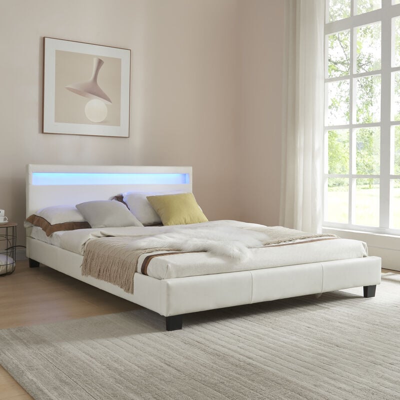 Corium Cama Elegante de matrimonio tapizada en piel con sistema iluminación led 140x200cm blanco