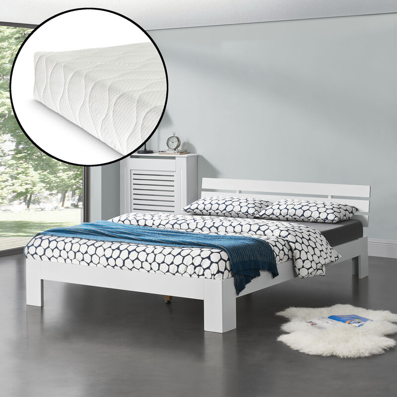 [en.casa]® Cama de pino con colchón - Cama doble - Cama matrimonio - 140x200 cm - con Listones - Somier - Blanco