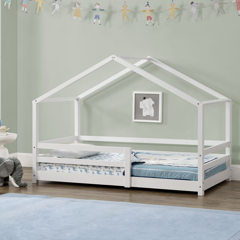 Cama para niños Knätten En diseño de Casa con Somier madera pino 90 x 200 cm Blanco lacado mate [en.casa]