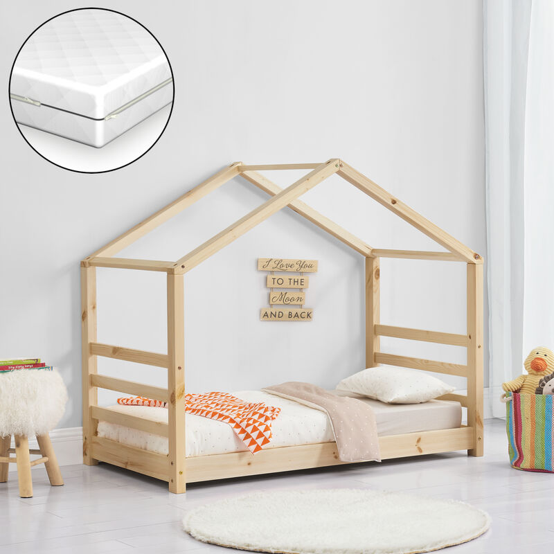 Cama cabaña Montessori, madera maciza de pino blanco natural - Tobias -  base incluida, 90 x 190 cm