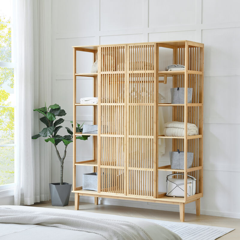 Armario Para Ropa Hudiksvall Con 2 Puertas Deslizantes Bambú 185 X 140 X 45  Cm Natural [en.casa] con Ofertas en Carrefour