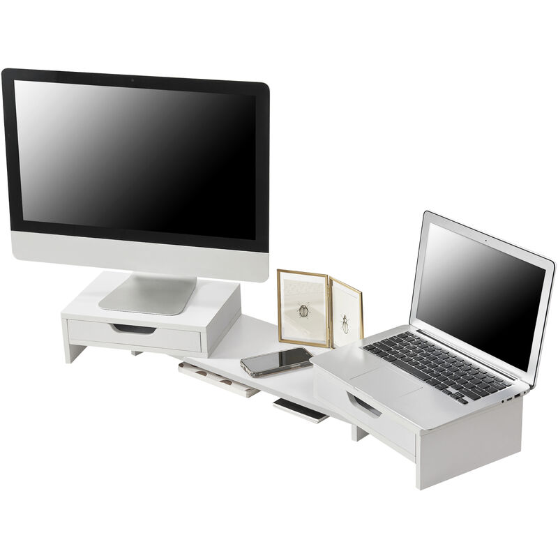 Soporte elevador de monitor doble blanco para escritorio con 2 cajones,  ángulo de longitud y altura ajustable para 2 monitores, soporte grande de 3