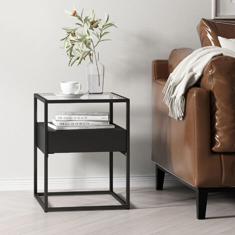 Mesa auxiliar Vissenbjerg con cajón cristal y acero 51 x 40 x 40 cm - Negro mate [en.casa]
