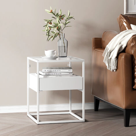 Mesa auxiliar Vissenbjerg con cajón cristal y acero 51 x 40 x 40 cm - Blanco mate [en.casa]