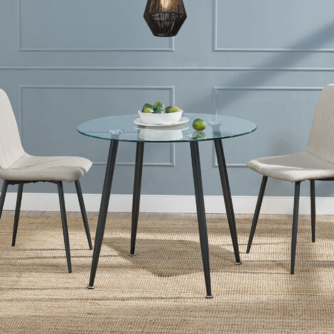 Mesa de cristal Humppila redonda versátil con 4 patas de acero 75 x Ø 80 cm - Transparente y Negro [en.casa]