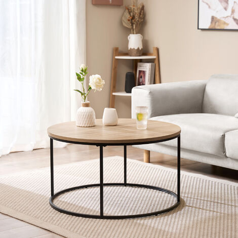 Mesa de centro Kuhmoinen redonda MDF/metal 45 x Ø 80 cm - Efecto madera/ Negro [en.casa]