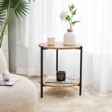 Mesa auxiliar Kuopio con estante metal/MDF 50 x Ø40 cm - Efecto madera y Negro [en.casa]