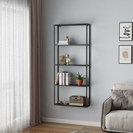 Estantería de pared Jämijärvi con 4 compartimentos abiertos acero 140 x 60 x 18 cm - Negro mate [en.casa] (1/5)
