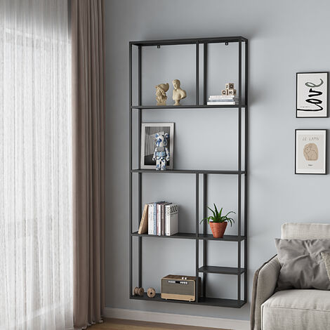 Estantería de pared Jämijärvi con 8 compartimentos abiertos acero 180 x 80 x 18 cm - Negro mate [en.casa] (1/5)