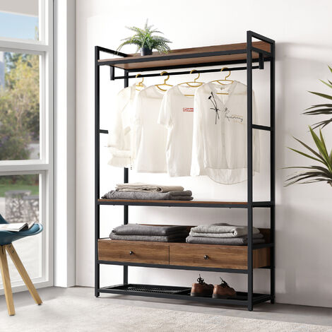 Mueble de entrada Isen con barra 2 cajones 4 estantes metal y MDF 180 x 120 x 40 cm - Negro y Efecto nogal [en.casa]